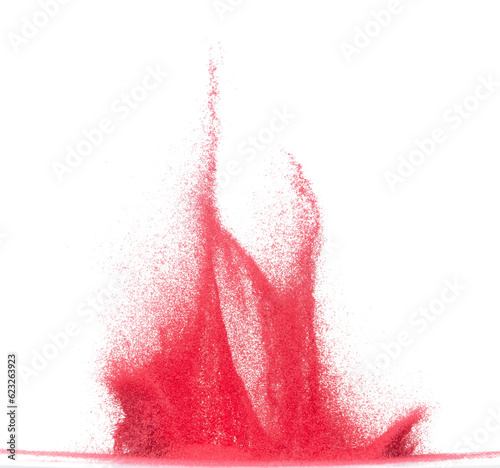 Small size red Sand flying explosion, blood sands grain wave explode. Abstract cloud fly. Red colored sand splash throwing in Air. White background Isolated high speed shutter, throwing freeze stop