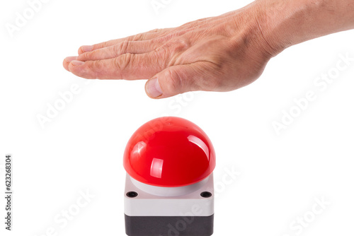 Hand pushing a red buzzer isolated on transparent or white background. Concept of a breakup or new beginning..