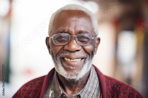 Medium shot portrait photography of a happy Nigerian man in his 80s wearing a chic cardigan against an abstract background 