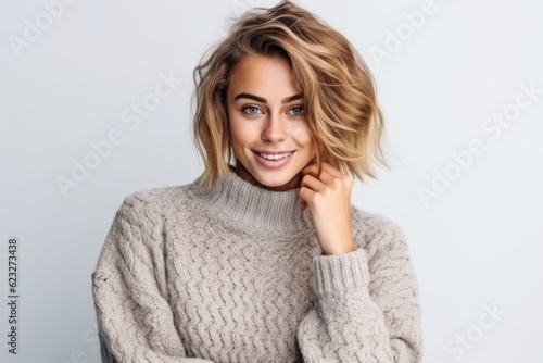 Portrait of a beautiful young woman in sweater on a white background