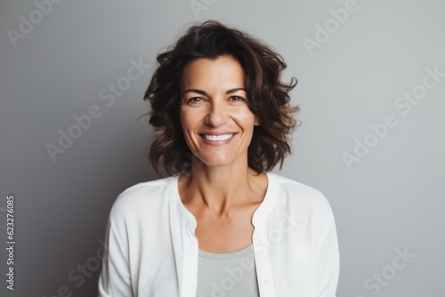 Portrait of a smiling businesswoman looking at camera over gray background