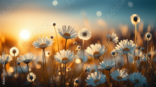 Beautiful summer natural background with yellow white flowers daisies, clovers and dandelions in grass against of dawn morning.