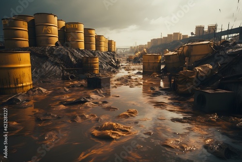 A hazardous waste disposal site with barrels and containers, illustrating the improper handling and disposal of toxic materials. 