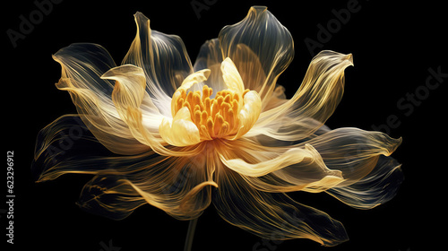 Golden x-ray image of a ethereal flower on black. Fantasy mystical blossom. Generative AI