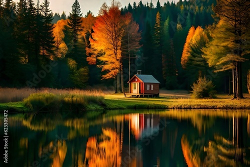 Lake with vintage bantam house in a sunset afforest environment. Creative resource, AI Generated