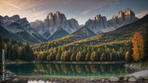 colored summer watch of the lake . bright dawn suit of the Julian Alps. Creative resource, AI Generated