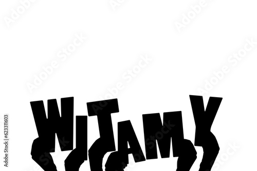 Digital png illustration of hands with witamy text on transparent background