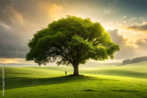 Lonely green oak tree in the field 