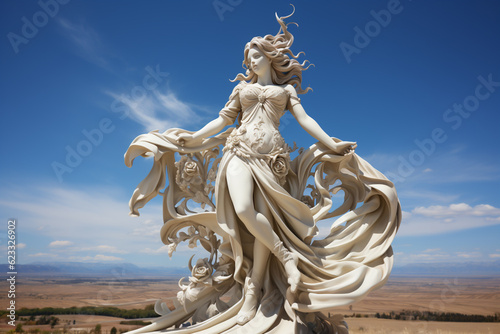 Holy goddess of love antique monumental statue, a beautiful woman, white marble, cinematic, blue sky background. AI Generative