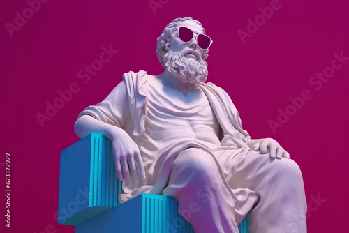 A white statue of Plato in a cool pose, wearing magenta and cyan 3D glasses, ready to party. AI Generative