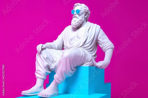 A white statue of Plato in a cool pose, wearing magenta and cyan 3D glasses, ready to party. AI Generative