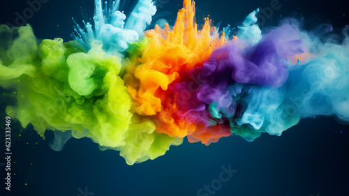 Colorful rainbow holi paint color powder explosion isolated white wide panorama background.