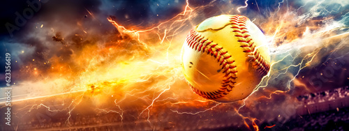 magic leather baseball ball in a colorful explosion of fire energy and movement, sports performance, banner with copy space made with Generative AI