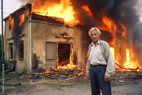 Dramatic scene of sly father figure observing his own house ablaze; encapsulates criminal, arsonist, killer, and perverse themes. Generative AI