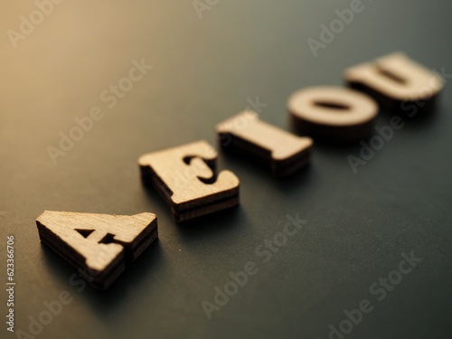 Wooden Uppercase Vowels aeiou on a dark background 