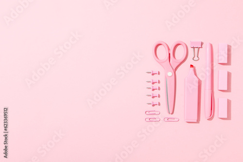 Stationary on colorful background, flat lay composition
