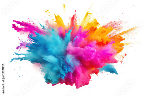 Holi powder explosion with vibrant colors. Isolated on transparent white background