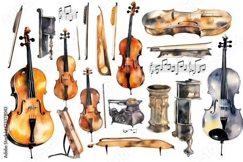 Watercolor music instruments clip art on white background Generative AI
