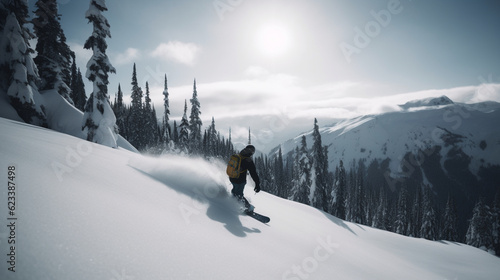 A man from behind snowboarding down a steep slope in a dazzling snowy landscape. Generative AI