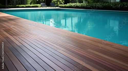 blue swimming pool with teak wood flooring Generative AI