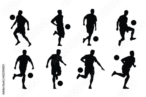 Set of soccer player kicking ball, isolated vector silhouette, footballer logo