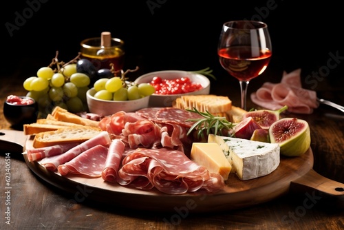 A platter of antipasto with ham, salami, cheese, and olives, Generative Ai