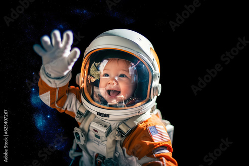 Enthralling scene of curious child in astronaut helmet, reaching towards a distant galaxy through augmented reality – embodying youthful awe for the cosmos. Generative AI