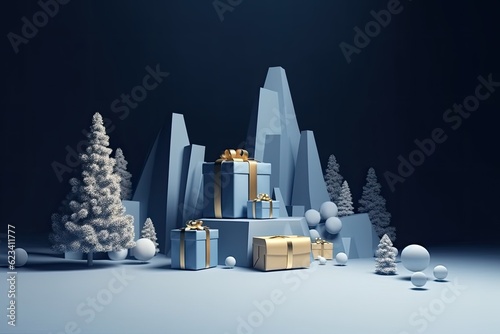 With a classic blue background, a gold platform, a gift, and some pine trees. outlets for social media, promotion, magazines, and posters in the style of the 2020 New Year's holiday. Generative AI