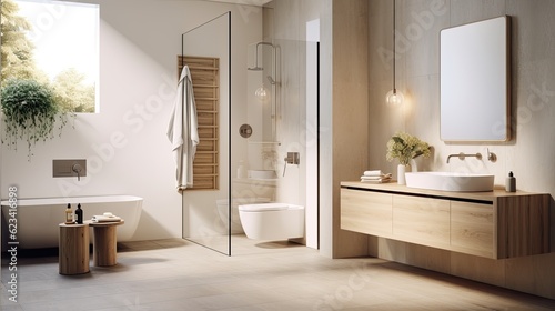 Serene and minimalist bathroom with a walk-in shower, neutral tiles, and a wall-mounted vanity, generative ai