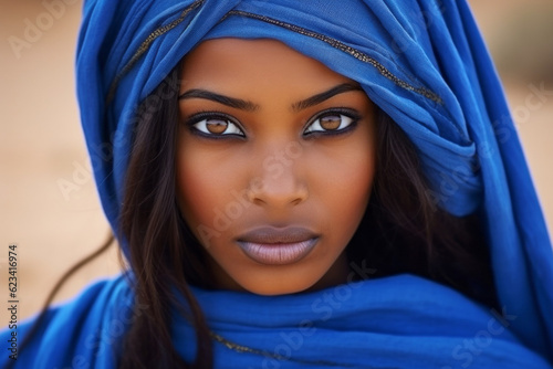 Tuareg woman in authentic national blue dress. Background with selective focus. AI generated, human enhanced