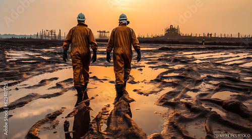 Workers inspecting tailing oil ponds with protective gear, pollution. Chemists inspecting the contaminated shale deposits. AI Generated