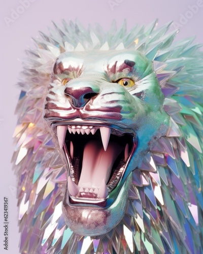 Bizarre surreal mystical portrait. Glass glowing iridescent flower lion, transparent white silver, diamonds and lights. Futuristic and robot like.