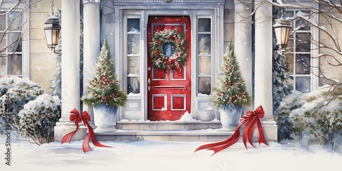 AI Generated. AI Generative. Xmas merry christmas new year decoration decor background of house home front door porch with garland and holiday decor. Winter family celebration vibe. Graphic Art