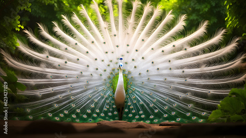 white peacock with feathers in nature
