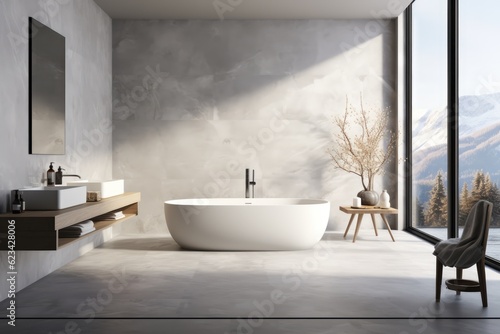 Modern bathroom design, concrete wall and floor, 3D rendering