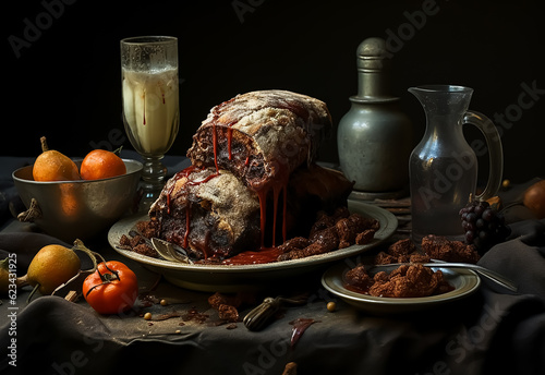 Heap of rotten unhealthy fruits and bread on abandoned Vintage table 