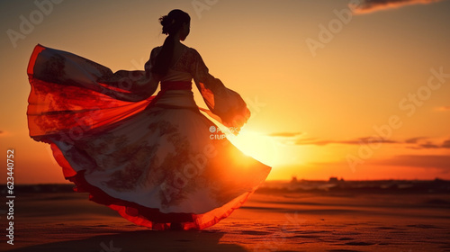 Japanese geisha dance at sunset