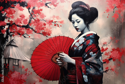 geisha in Japan with cherry tree and umbrella