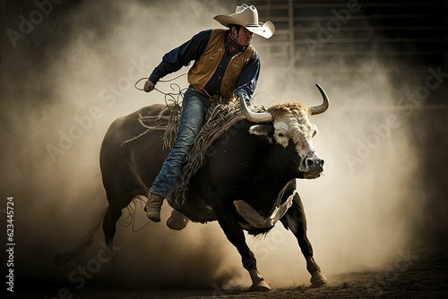 Cowboy Rides Wild Bull At Rodeo