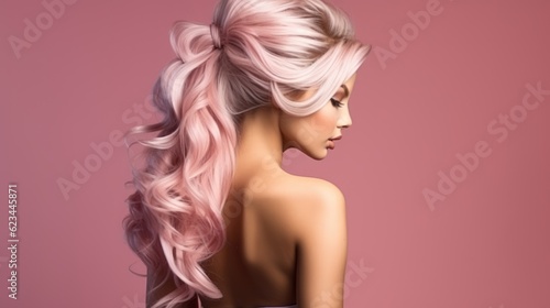 trendy women's hair styling blonde large curls. girl in profile with professional hair styling, back view. Pink shades