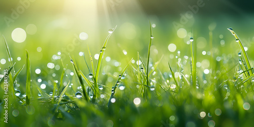 Fresh morning dew on grass fresh green grass field in the early morning with morning dew. Water drop on tip of grass leaves in garden. on spring. Nature sun light on green grass background 