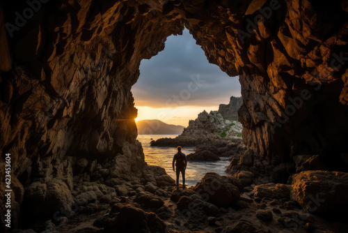 A man stands at the mouth of a cave looking at the sunset scenery outside