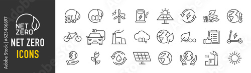 Net Zero web icons in line style. Green energy, CO2 neutral, gas emissions, climate, ecology, collection. Vector illustration.