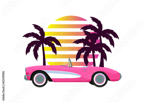 Pink classic corvette car on palm trees, sunset background in retro vintage style. Design t-shirt, print, sticker, poster. Vector