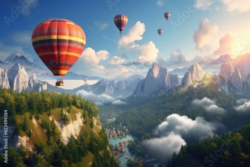 Beautiful view of mountains and lake, aerostat fly hot baloon