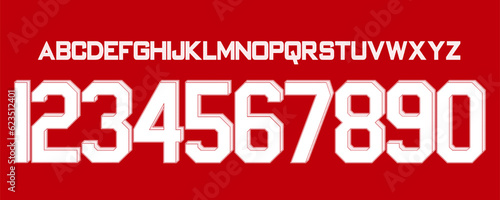 font vector team 2023 - 2024 kit sport style font. arsenal football style font. premier league.gunners soccer. sports style letters and numbers for soccer team