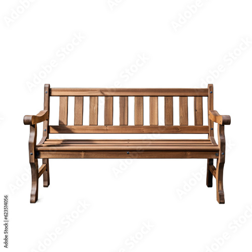 Garden wooden bench with armrests isolated on transparent background. Generative AI
