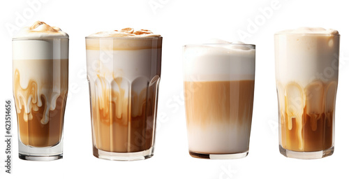 Four different latte macchiato, isolated, white background, generative ai