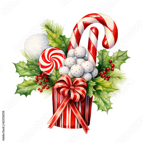 Watercolor Christmas Candy Gift Set Clipart PNG Sublimation isolated on Transparent Background.