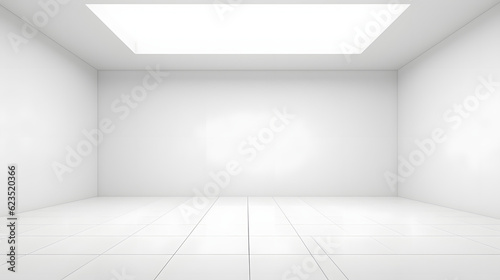 3d rendering of white empty space in room, ceramic tile floor in perspective, window and ceiling strip light. Interior home design look clean, bright, shiny surface with texture pattern for background